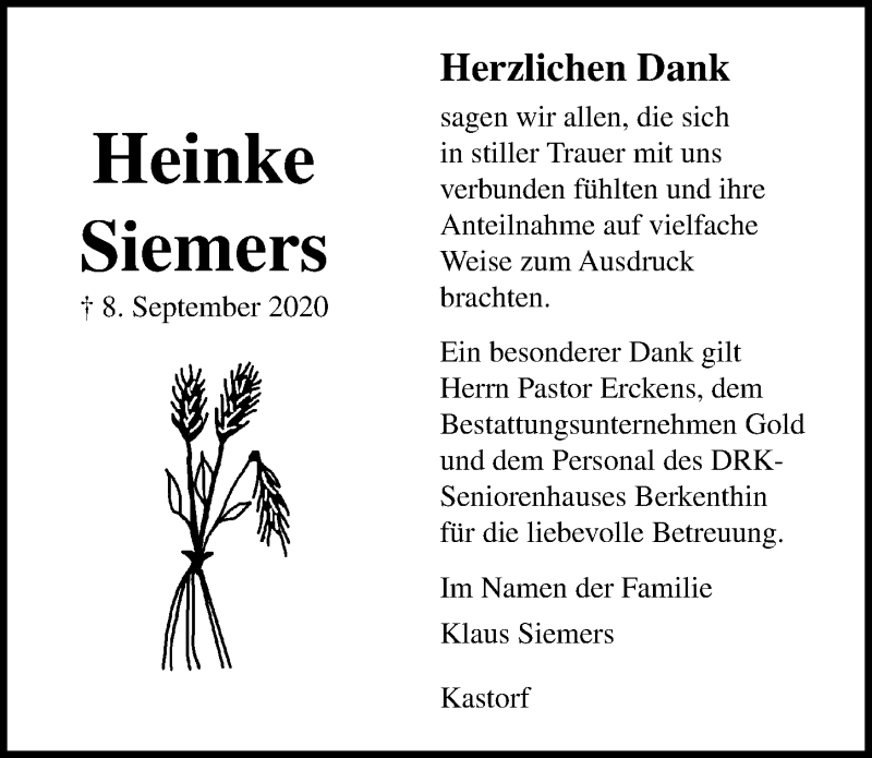  Traueranzeige für Heinke Siemers vom 07.10.2020 aus Lübecker Nachrichten