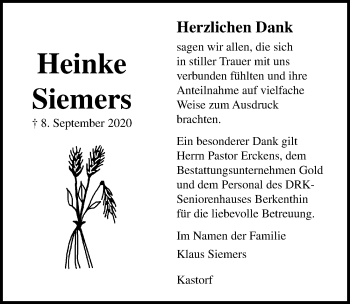 Traueranzeige von Heinke Siemers von Lübecker Nachrichten