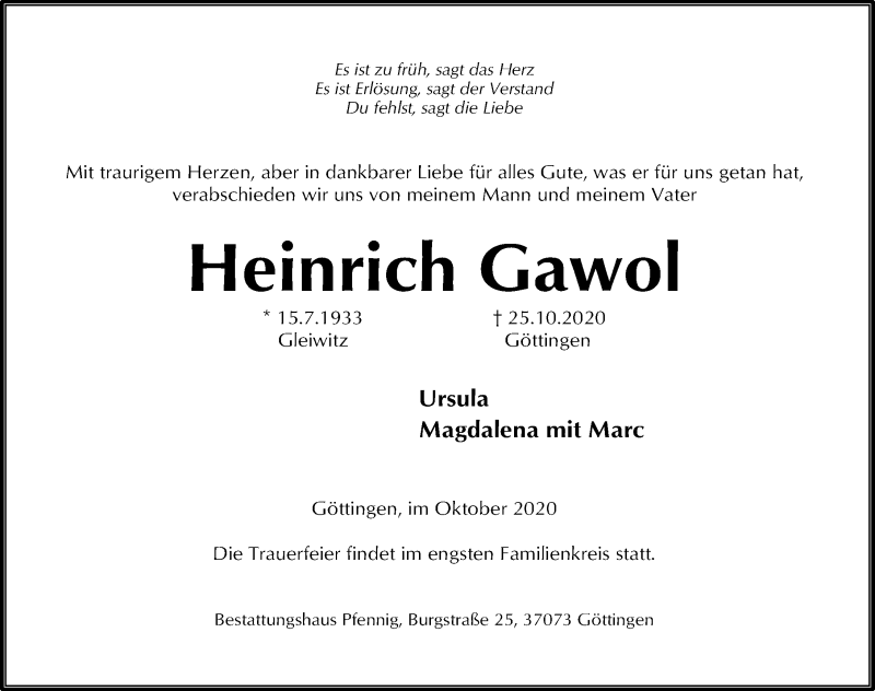  Traueranzeige für Heinrich Gawol vom 30.10.2020 aus Göttinger Tageblatt