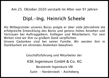 Traueranzeige von Heinrich Scheele von Kieler Nachrichten