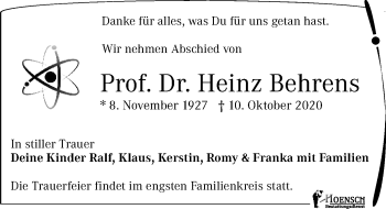 Traueranzeige von Heinz Behrens von Leipziger Volkszeitung