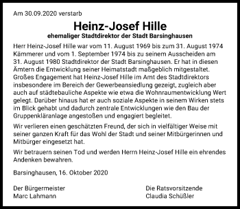Traueranzeige von Heinz-Josef Hille von Hannoversche Allgemeine Zeitung/Neue Presse