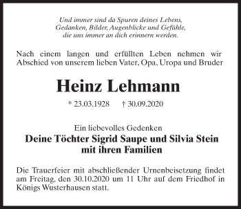 Traueranzeige von Heinz Lehmann von Märkischen Allgemeine Zeitung