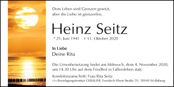 Traueranzeige von Heinz Seitz von Aller Zeitung