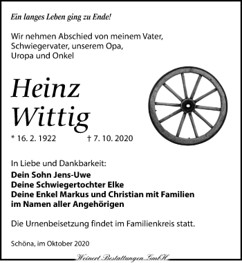 Traueranzeige von Heinz Wittig von Torgauer Zeitung