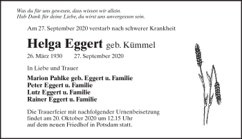 Traueranzeige von Helga Eggert von Märkischen Allgemeine Zeitung