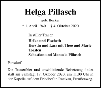 Traueranzeige von Helga Pillasch von Lübecker Nachrichten