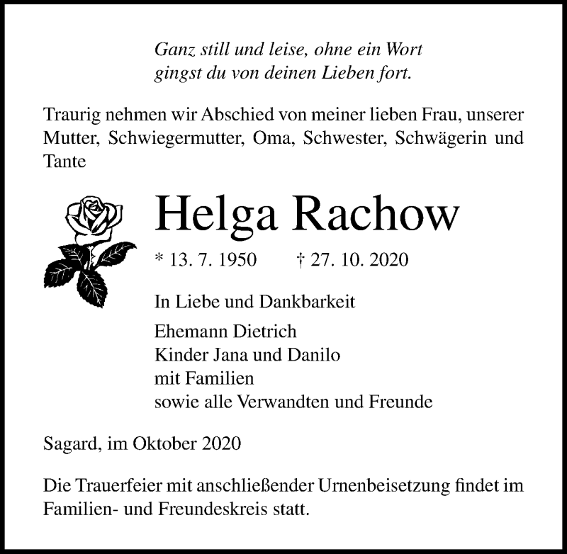  Traueranzeige für Helga Rachow vom 30.10.2020 aus Ostsee-Zeitung GmbH