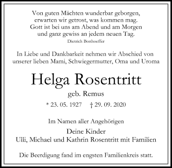 Traueranzeige von Helga Rosentritt von Märkischen Allgemeine Zeitung