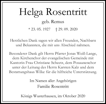 Traueranzeige von Helga Rosentritt von Märkischen Allgemeine Zeitung