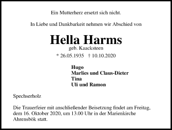 Traueranzeige von Hella Harms von Lübecker Nachrichten