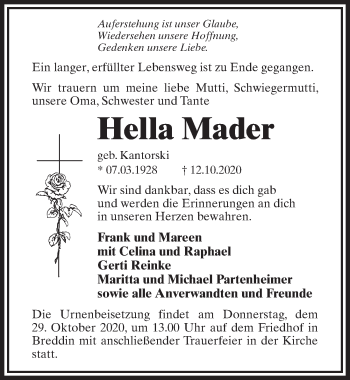 Traueranzeige von Hella Mader von Märkischen Allgemeine Zeitung