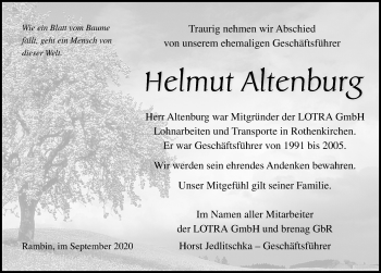 Traueranzeige von Helmut Altenburg von Ostsee-Zeitung GmbH
