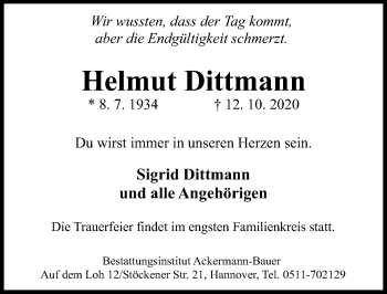 Traueranzeige von Helmut Dittmann von Hannoversche Allgemeine Zeitung/Neue Presse