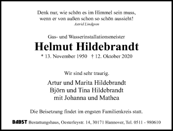 Traueranzeige von Helmut Hildebrandt von Hannoversche Allgemeine Zeitung/Neue Presse