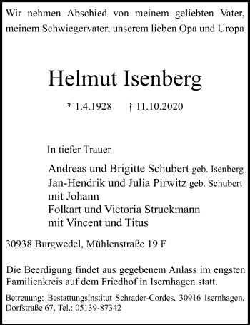 Traueranzeige von Helmut Isenberg von Hannoversche Allgemeine Zeitung/Neue Presse