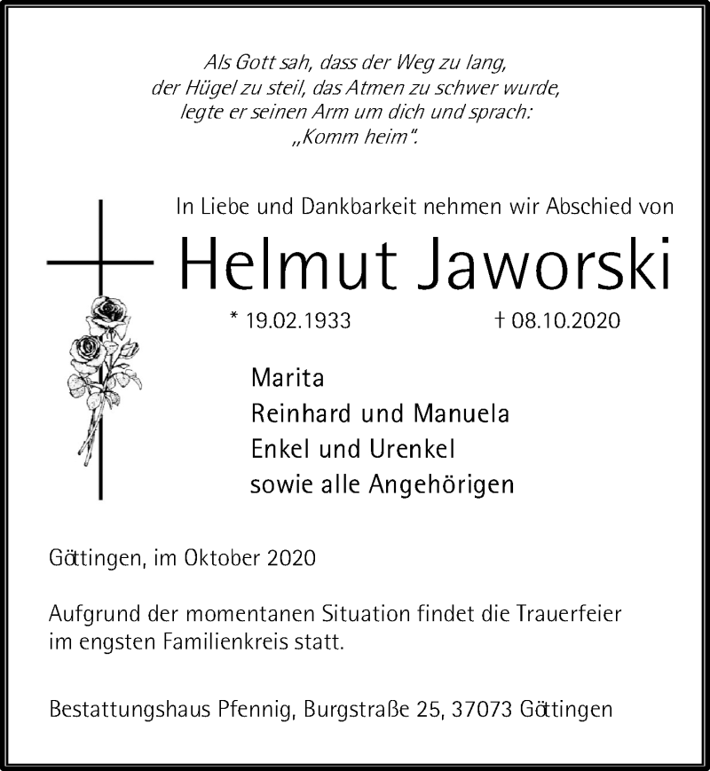  Traueranzeige für Helmut Jaworski vom 17.10.2020 aus Göttinger Tageblatt
