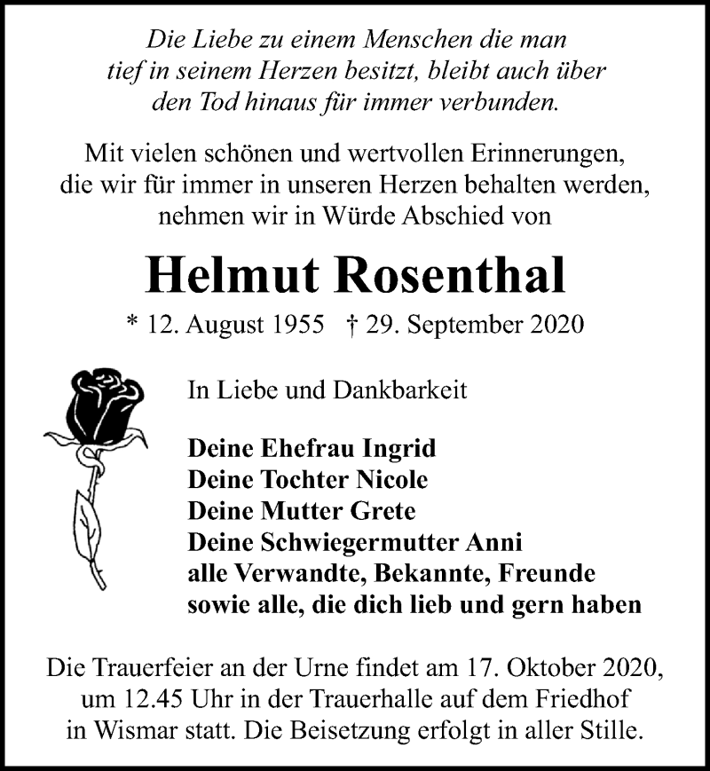  Traueranzeige für Helmut Rosenthal vom 10.10.2020 aus Ostsee-Zeitung GmbH
