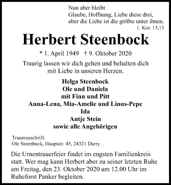 Traueranzeige von Herbert Steenbock von Kieler Nachrichten