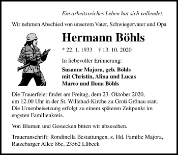 Traueranzeige von Hermann Böhls von Lübecker Nachrichten