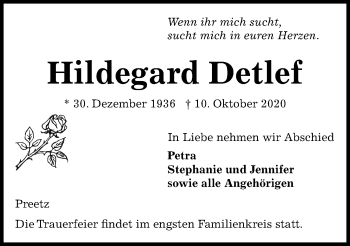 Traueranzeige von Hildegard Detlef von Kieler Nachrichten