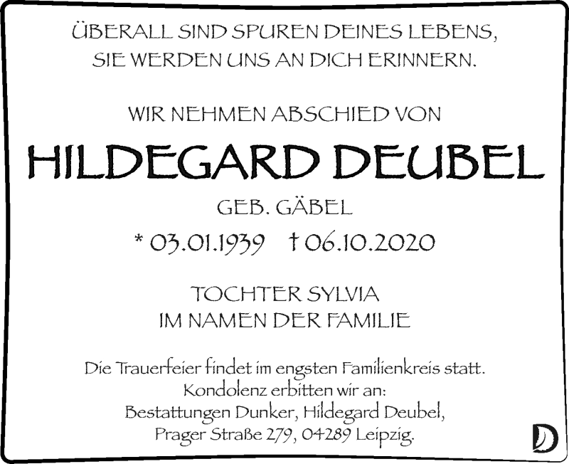  Traueranzeige für Hildegard Deubel vom 24.10.2020 aus Leipziger Volkszeitung