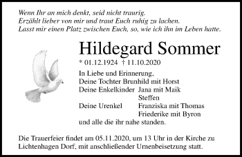 Traueranzeige von Hildegard Sommer von Ostsee-Zeitung GmbH