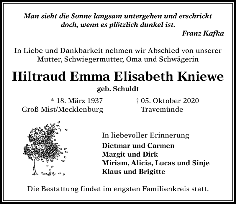  Traueranzeige für Hiltraud Emma Elisabeth Kniewe vom 11.10.2020 aus Lübecker Nachrichten