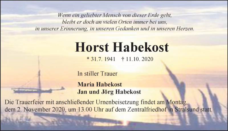  Traueranzeige für Horst Habekost vom 17.10.2020 aus Ostsee-Zeitung GmbH
