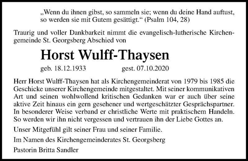  Traueranzeige für Horst Wulff-Thaysen vom 14.10.2020 aus Lübecker Nachrichten