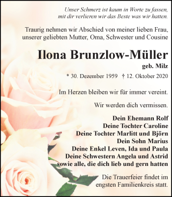 Traueranzeige von Ilona Brunzlow-Müller von Ostsee-Zeitung GmbH