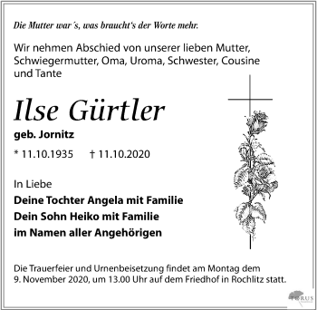 Traueranzeige von Ilse Gürtler von Leipziger Volkszeitung