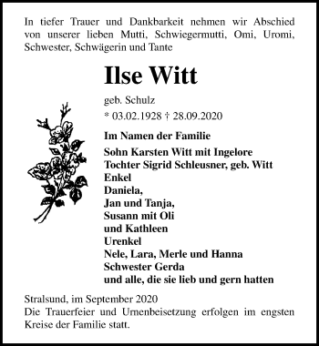 Traueranzeige von Ilse Witt von Ostsee-Zeitung GmbH