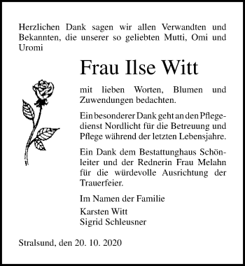 Traueranzeige von Ilse Witt von Ostsee-Zeitung GmbH