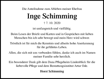 Traueranzeige von Inge Schimming von Lübecker Nachrichten