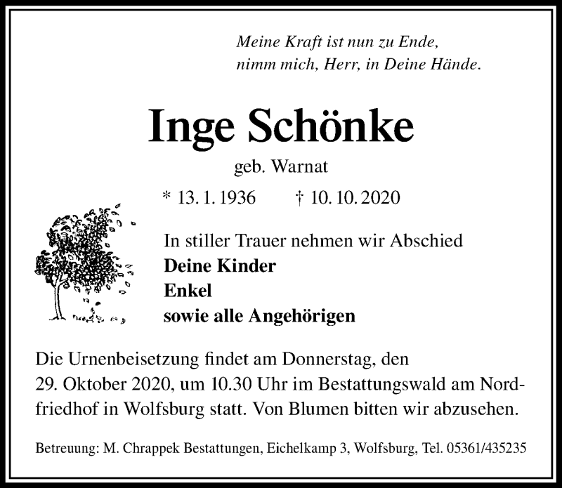  Traueranzeige für Inge Schönke vom 23.10.2020 aus Aller Zeitung
