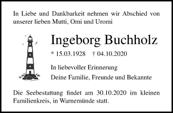 Traueranzeige von Ingeborg Buchholz von Ostsee-Zeitung GmbH