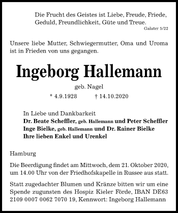 Traueranzeige von Ingeborg Hallemann von Kieler Nachrichten