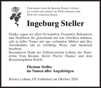 Traueranzeige von Ingeburg Steller von Märkischen Allgemeine Zeitung