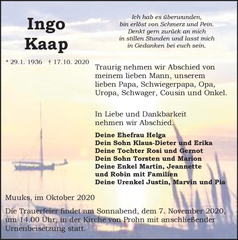  Traueranzeige für Ingo Kaap vom 24.10.2020 aus Ostsee-Zeitung GmbH
