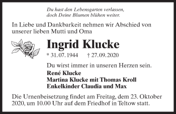 Traueranzeige von Ingrid Klucke von Märkischen Allgemeine Zeitung