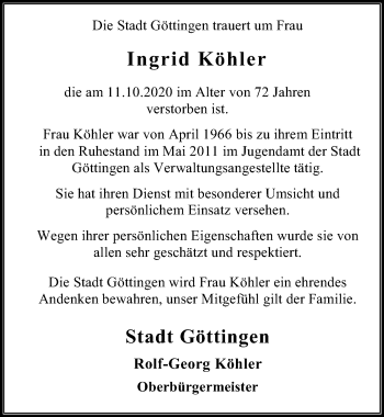 Traueranzeige von Ingrid Köhler von Göttinger Tageblatt