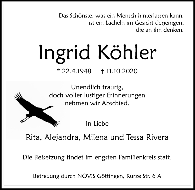  Traueranzeige für Ingrid Köhler vom 17.10.2020 aus Göttinger Tageblatt