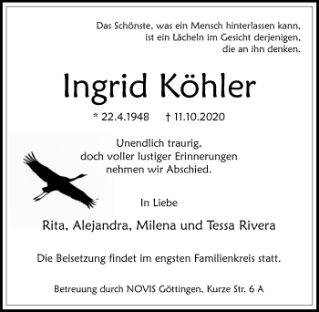 Traueranzeige von Ingrid Köhler von Göttinger Tageblatt