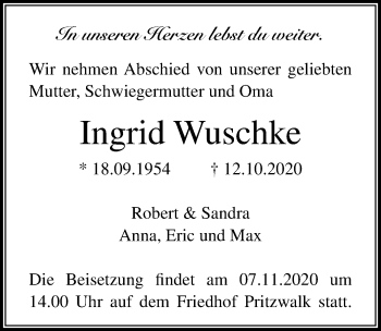 Traueranzeige von Ingrid Wuschke von Märkischen Allgemeine Zeitung