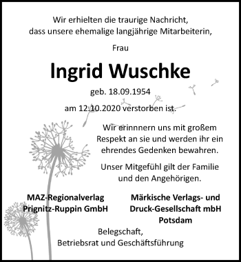 Traueranzeige von Ingrid Wuschke von Märkischen Allgemeine Zeitung