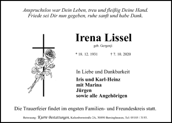 Traueranzeige von Irena Lissel von Hannoversche Allgemeine Zeitung/Neue Presse