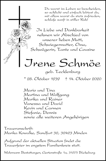 Traueranzeige von Irene Schmöe von Schaumburger Nachrichten