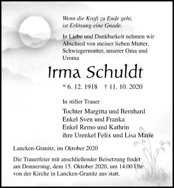 Traueranzeige von Irma Schuldt von Ostsee-Zeitung GmbH