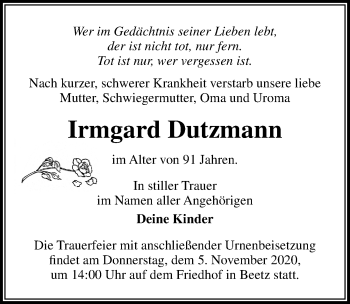Traueranzeige von Irmgard Dutzmann von Märkischen Allgemeine Zeitung
